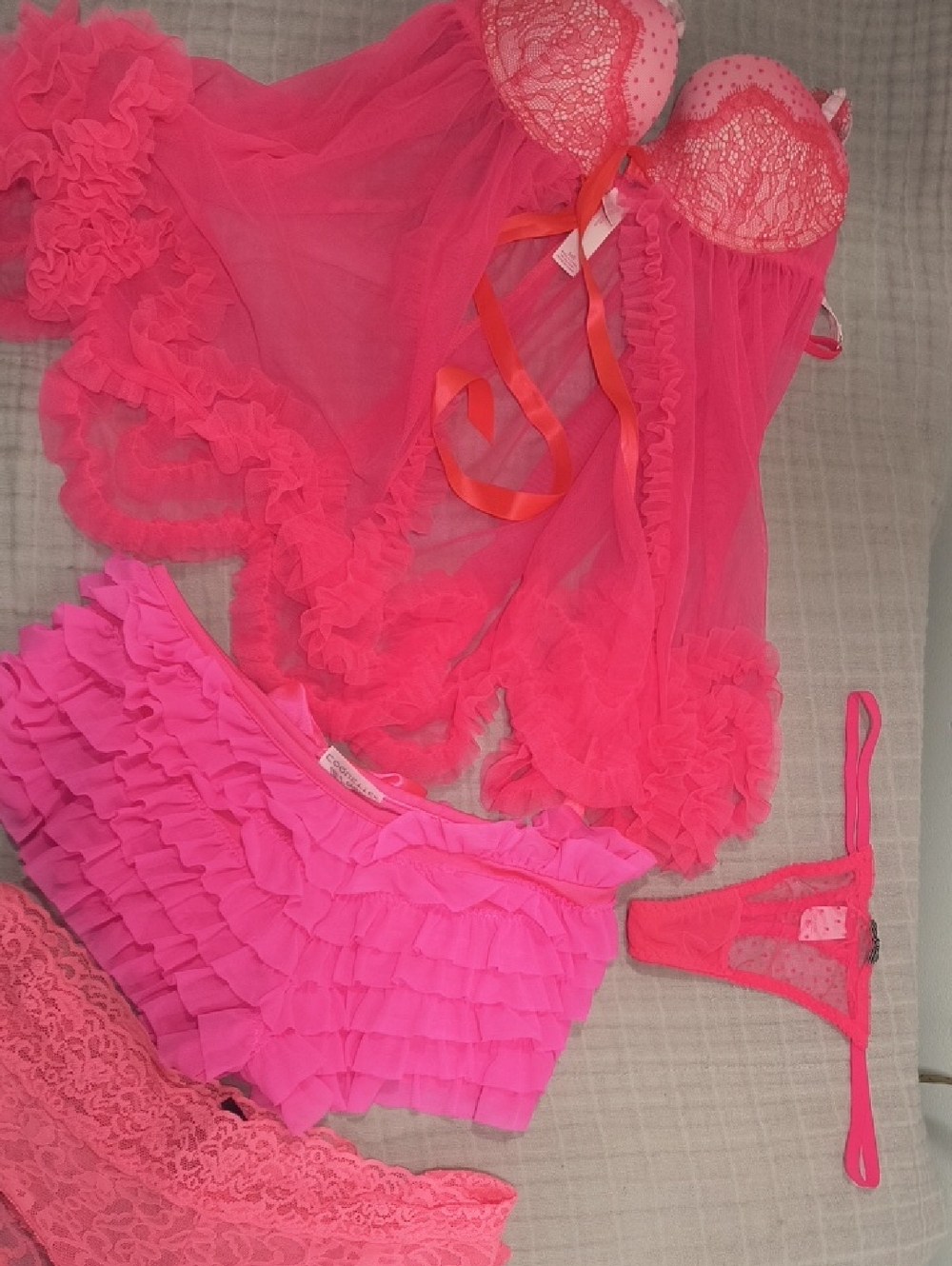 Victoria's Secret Neon Pink Ruffled Babydoll & Lingerie Set